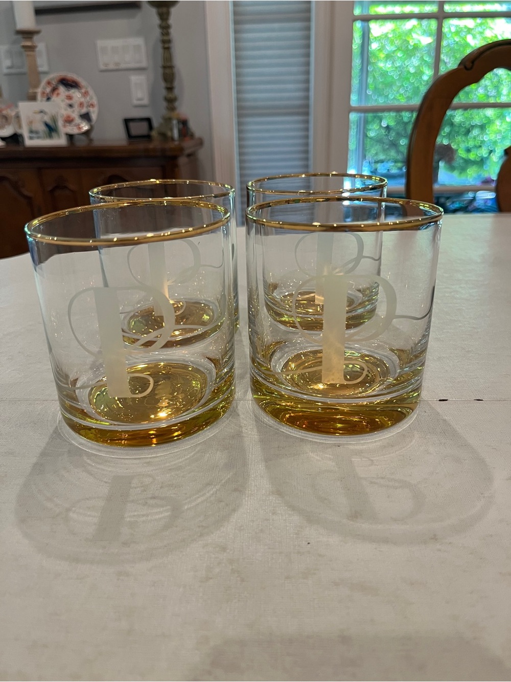 Anthropologie Gold Rim & Base Glass etched P rocks glasses set